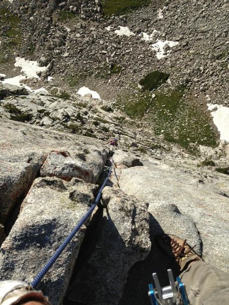 Aubrey cleaning the last pitch of Lowe Route. This route was fantastic, especially P1 and P3.