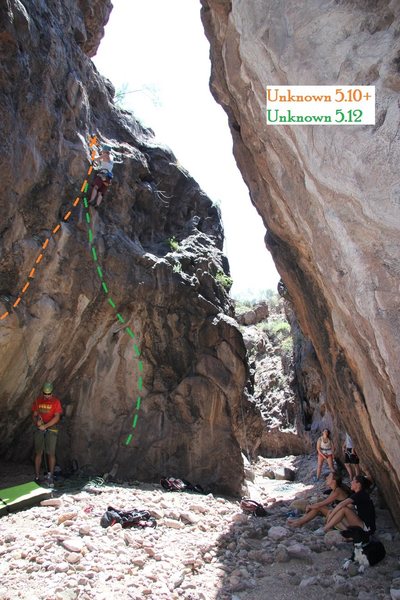 Unknown 5.10+ and 5.12 on left side of canyon at widest point. August 2013.