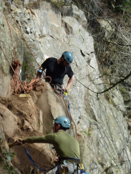 Justin Pattison and Kyle Silverman digging out blackberry bushes and dirt on Tribal Therapy.
