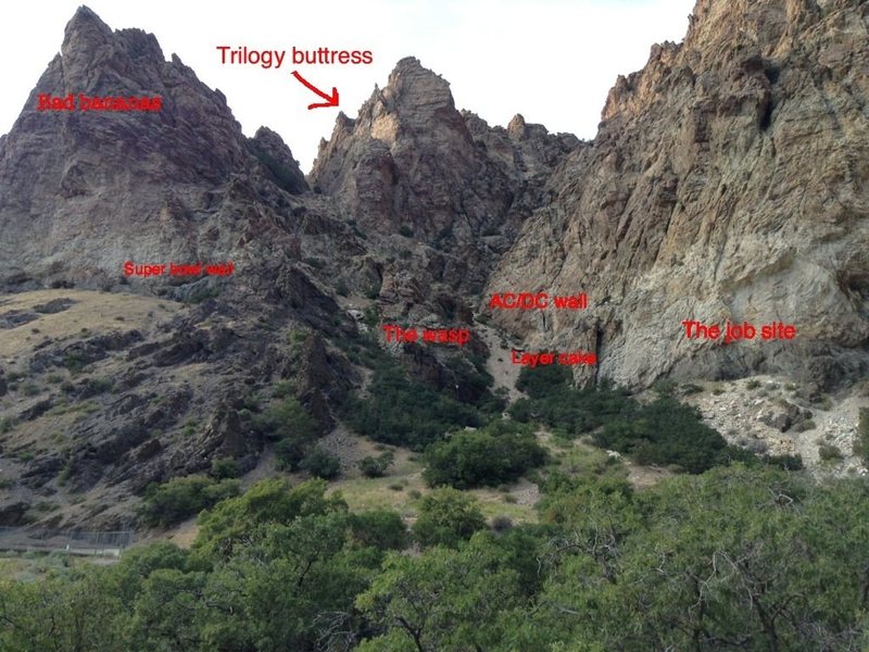 Majority of walls on the north side near entrance of the canyon.