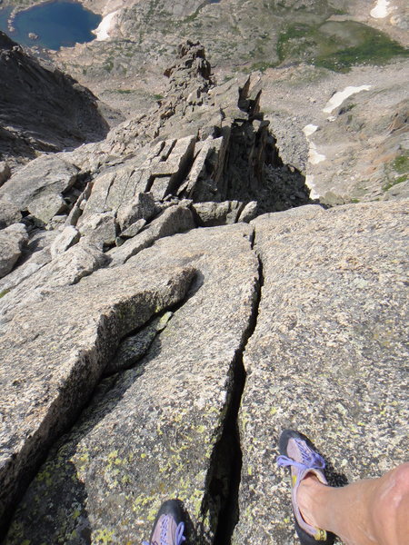 Looking down the finger and hand crack, visible in the previous photo. Snowbank Lake is at top, left.