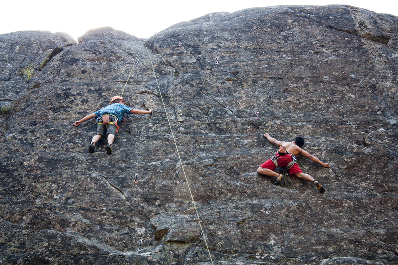 Me hitting the crux of Duppy Conquer (5.11c). Alex on Step Into the Light (5.10c).
