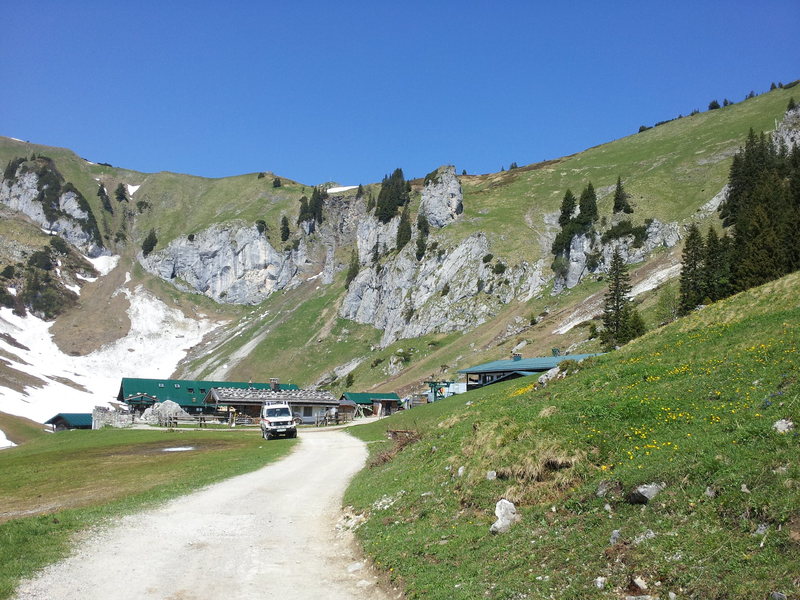 The Stie-Alm, in the middle of the Brauneck climbing area. The section Die Mauer is directly above the large, green-roofed building in this image.