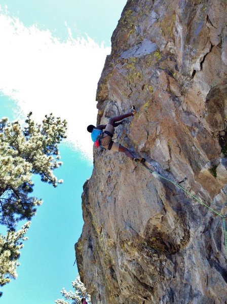 Passing the crux on Raindance (5.12a), Center wall, Big Chief, Tahoe Vicinity, CA.