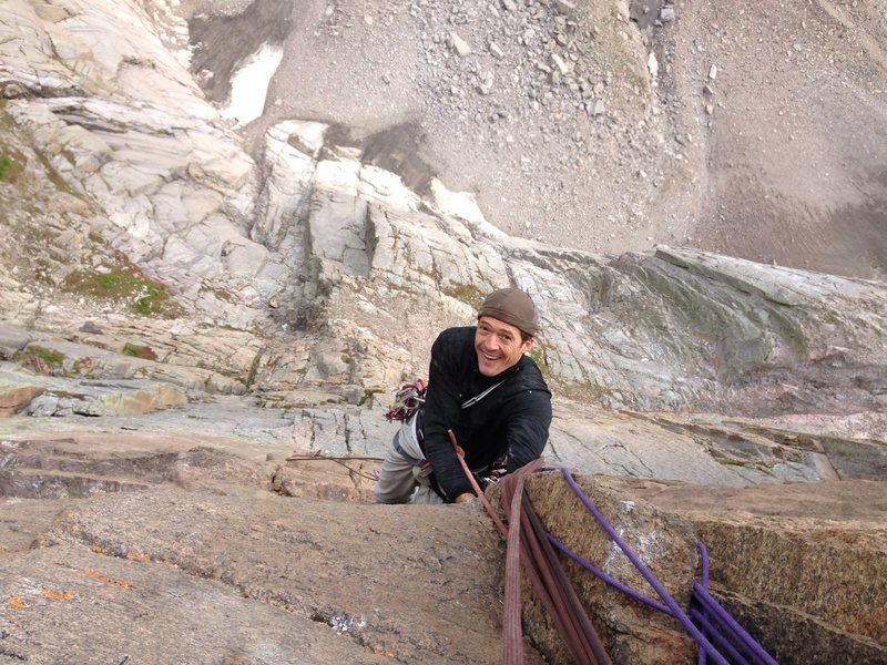 Coming up to the belay at the end of the P5 traverse.