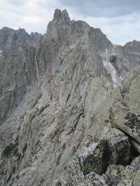 Solo Flight descent route from summit of climb. This is very obvious and easy. There are two gully options to climb at the end of the ledges - we chose the red option, but the yellow one is probably better. We remained roped until the top of the gully, although it wasn't really necessary.