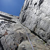 The second dihedral pitch near the top of the route.