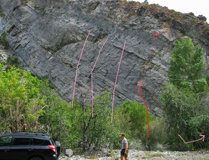 I couldn't narrow down which wall this was with the current MP info. There are several bolted routes with a 30 second approach - on the south side of the canyon ( i believe one of the first crags) and across the road you have more bolted routes. The routes seem to range from 5.7ish to 5.9 and on the north side of the road there are some good 5.8ish routes that run upward along the wall (very tight in the trees) and up a small rock slide area to one or two more difficult routes. Anyway... I broke my ankle due to a loose hold/jug/boulder on the red route in the picture - The jug, (coming out of an out-cropped crack system) was on-route came loose off the wall, tumbling down on me and causing a lead fall of about 10 feet - luckily my belayer dodged the ~40lb boulder... "ROCK!" -- be careful on these routes. Otherwise an overall fun day and amazing place to climb.