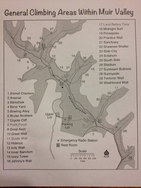 Map Of muir Valley climbing area with call outs for different walls