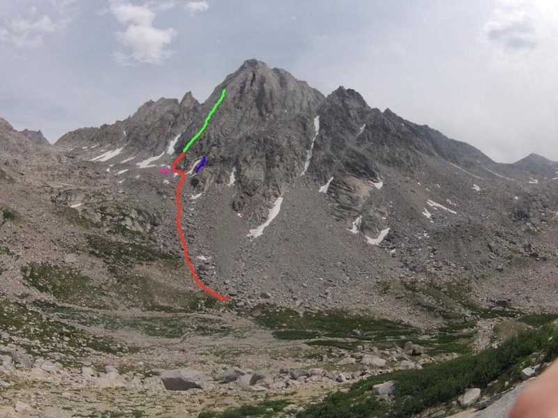 The red line is scrambling. The green is roped climbing. We used the fish-shaped snow patch (blue marker) and the two small snow patches (pink marker) as a guide for where to start. We started just above and right of the two small patches. The fish-shaped one was visible during the whole approach, which really helped.