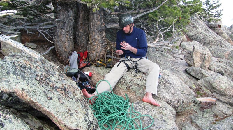 Joe Ebert after climbing Mainliner, Sundance Buttress, Estes Park, CO.