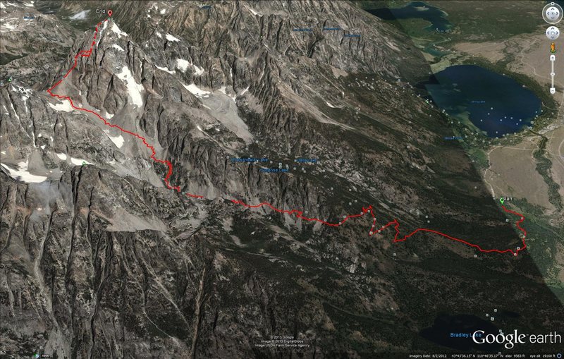 GPS track overlain on Google Maps. See my comment for links to gpx and kml files.