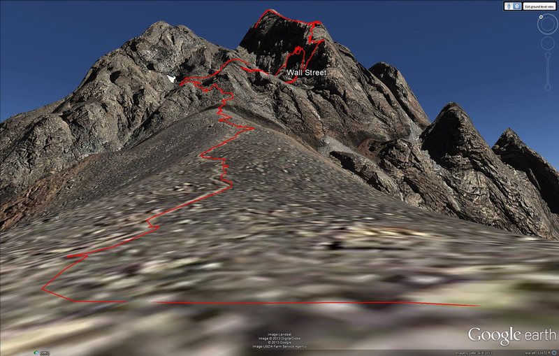 This is the view from the guides camp in the lower saddle.  Note that there is a bit of multipath interference on the GPS track near wall street so it does not follow the red path exactly through that section.