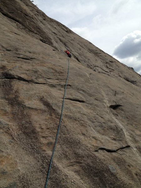 The rating of this route is not indicative of the difficulties. When the climbing tips into the 5.10 range it is protected with a bolt but the true challenges of this climb are keeping it together on 5.8 wandering slab way out over a bolt.