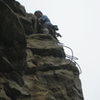 JH at the belay ledge<br>
