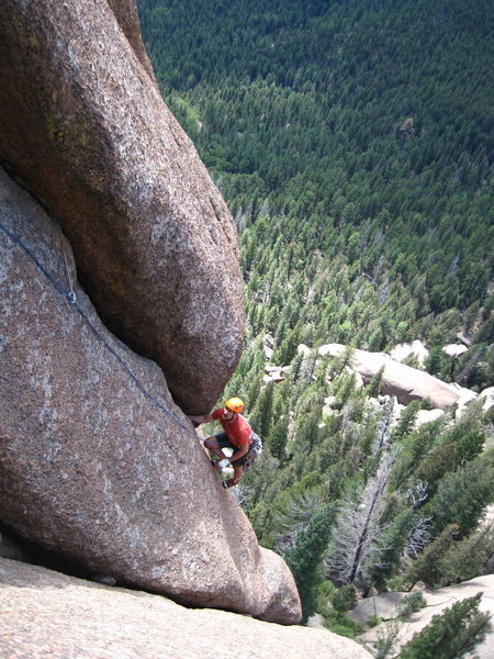 John towards the end of pitch 2 of Tee Pee Tower.