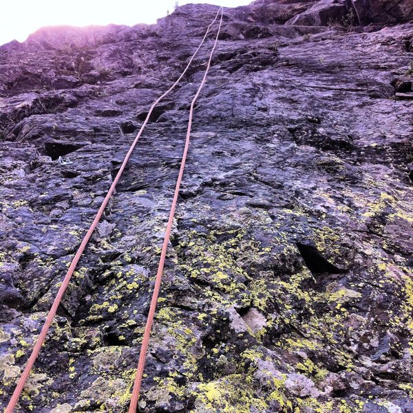 Watch out for lichen and loose rocks! The bolts are on the left of rope.