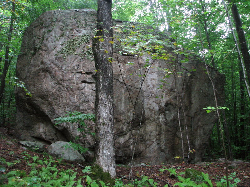 20 foot tall beauty, one of the Sugar Maple Grove boulders, an impressive collection of quality boulders up to 40 feet tall below Hart's Ledge in Bartlett.<br>
Handren's guide lists the crack towards the right side as a 3 out of 3 star V7 (no name given). Access is very easy, 15 minutes along a mellow logging road