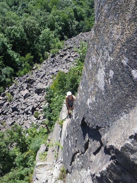 Looking back at the belay ledge after the first few moves