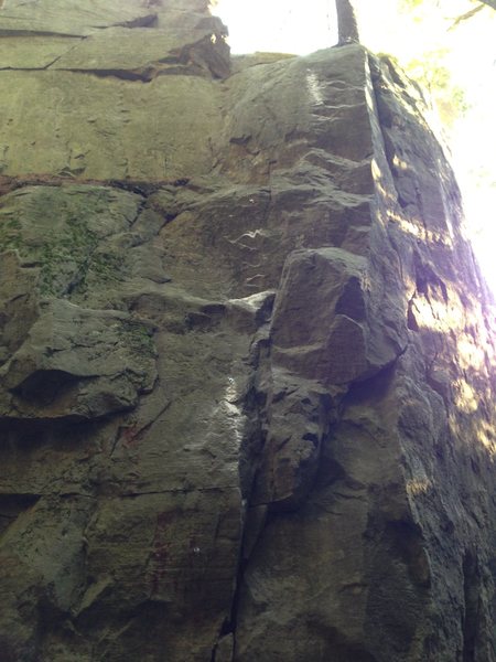 "Sunset Ascent" Four bolt route left around arete from Pine Tree Crack. It ends at the sling belay atop Pine Tree. Safe, 5.8 or 5.9ish, in the range of Pine Tree and PWB Arete. Please submit rating and quality feedback.