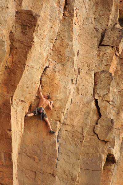 Casey N. reeling in the positive holds, and big moves at the top of No Utopia. This section feels quite a bit steeper than it appears here.