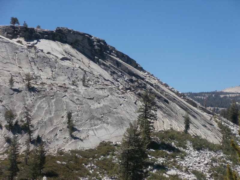 North Side of the East Face of Punk Rock. Mambo #5 ascends the shallow crack/seam about 50ft right of Bambi and the Orge.