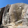 Overview of Buck's Bar Dome (Main Area) and Great Chimney (Left). Click for High Resolution version.<br>
<br>
(1) Bat Crack Left (5.10+),<br>
(2) Bat Crack Right (5.10+),<br>
(3) Bat Roof (5.9),<br>
(4) Bat Roof Direct (5.11),<br>
(5) Fingerprint (5.12),<br>
(6) Unconquerable (5.8),<br>
(7) Test Piece (5.8),<br>
(8) Adhesion (5.10)<br>
<br>
Routes 6 and 7 can be led. The rest are topropes. 