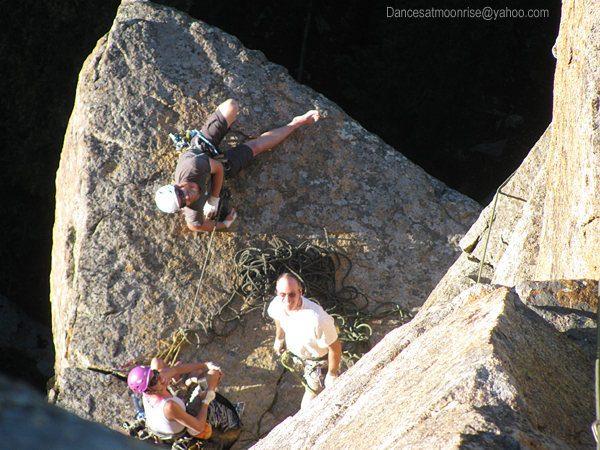 The spacious belay atop P1.