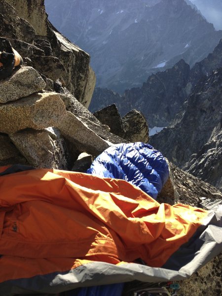 Excellent bivy protected from the wind and featuring amazing sunrise views at the top of the Gendarme