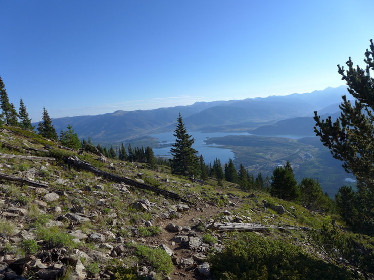 Breaking above treeline with Dillon Reservoir below.