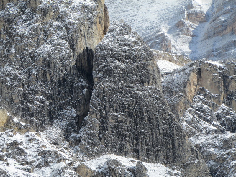 Here's the Kleiner Falzaregoturm after an overnight snowfall; maximum magnification will show a party of 3 on the summit.