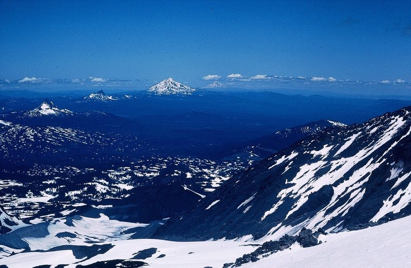 On the summit of Middle Sister, looking N to Mt Washington, 3 finger jack, Mt Jefferson and Mt Hood.