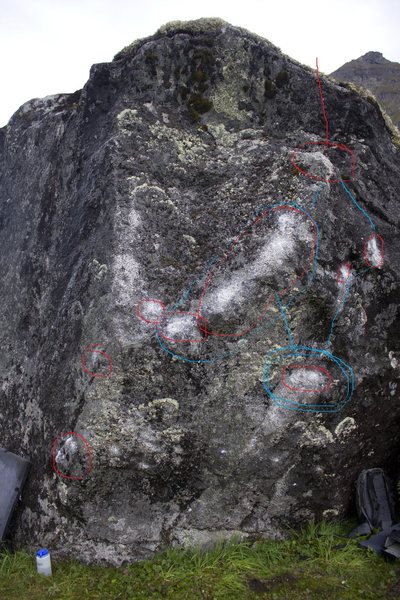 Psycho Ex with Chalk.The holds in red are Psycho Ex. The holds circled in blue are the other start to Psycho Ex. Both versions are the same grade, just different movement.