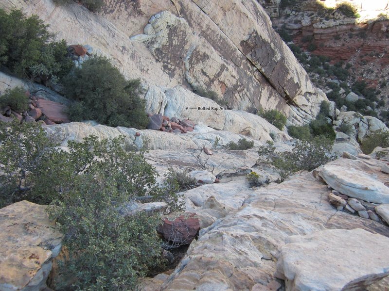 Looking down the West descent gully and the first bolted rap station.