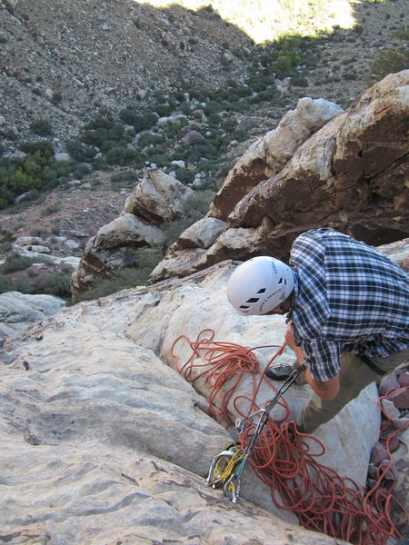 Looking down from the second bolted rap station. This station is hidden behind the bush in the other picture.