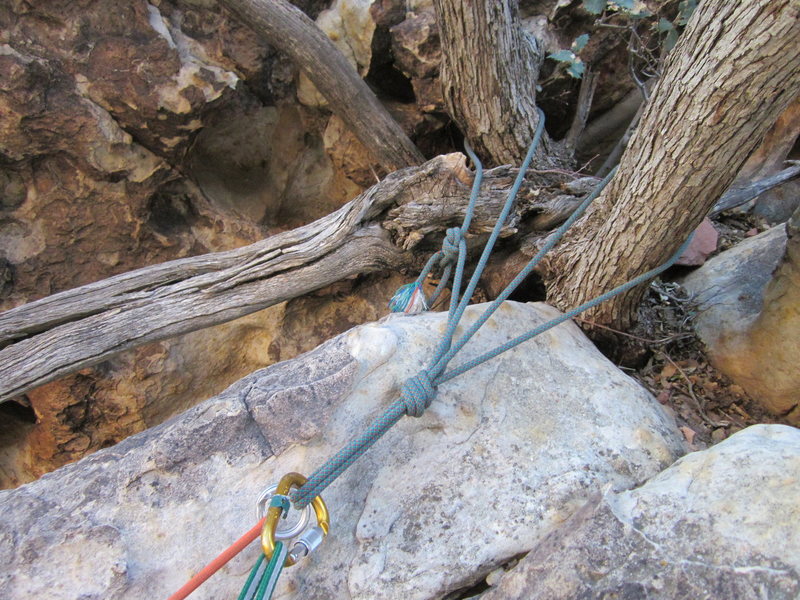 Third rap station. Once you are down from here, it is a short scramble with some easy down climbing to get back to the base of the climb. I believe there is a final rap station if that is preferred