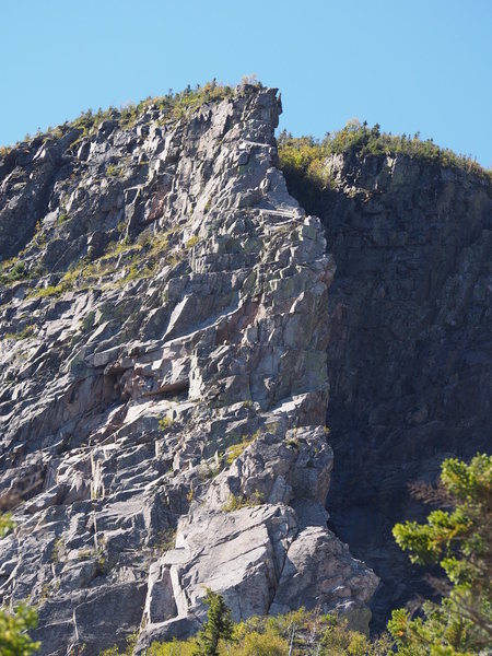 Overview of the climb. If you view the full size of the image you can find me building an anchor at the top of the "Pipe" pitch and my partner is on the ledge at the top of the p2. - September 2013