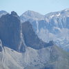 Sella Towers by telephoto; First Sellaturm in center, Second Sellaturm at it's immediate left.