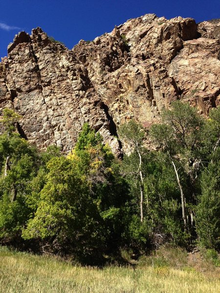 The sunny Bumblebee South facing Wall. The climbing follows the almost in the shade East Spur to the West of Psychobabble Wall.