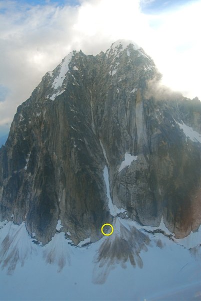 The Royal Tower. The Gargoyle Buttress is left of center and leads to the smaller summit. The tiny snow blob of the first pitch can be seen.