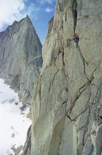 Last pitch of Paddle Flake from McTech Arete. NW ridge of Bugaboo Spire on left.<br>
(another version of Phil Lauffen's picture!)