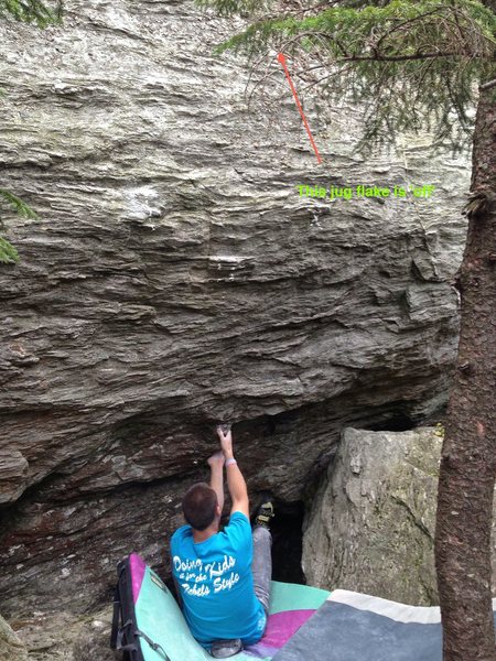 This photo shows the starting hold for 'Bejesus'. As shown, the juggy flake out right is 'off'. The crimps that are used are purposely ticked to make the line of travel clearer.