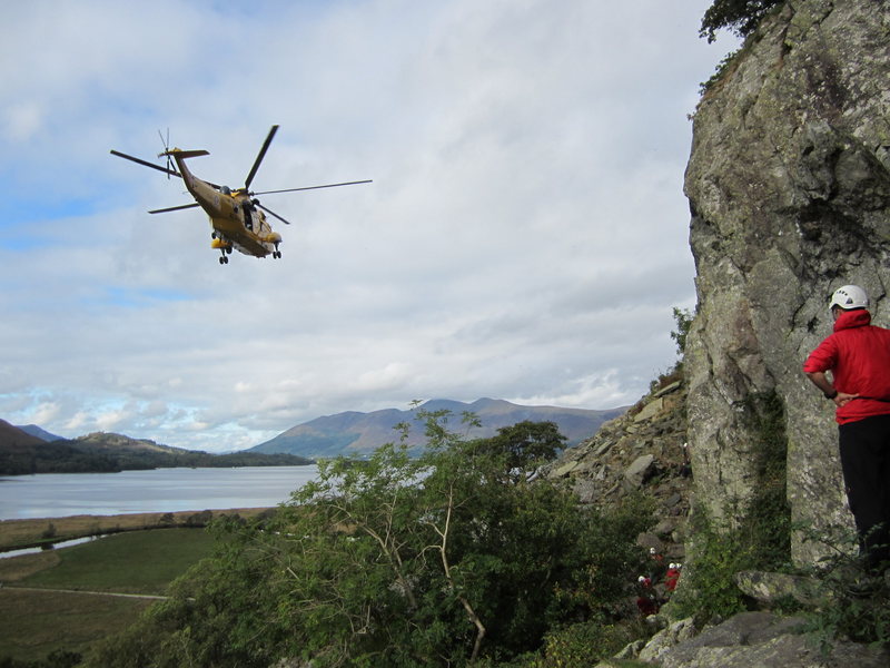 Injured climber being air lifted from a fall on Sheperds crag.