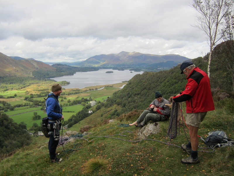 On top of Black crag. Great Views towards the town of Keswick and Derwentwater Lake. Andy Ross, Gene Vallee, Terrier, Pete Armstrong