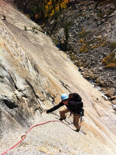 A sea of white granite and Fall colors in full effect. Nearing the top of the 3rd pitch.