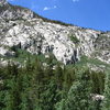 Overview of the Wild Rose Buttress as viewed from South Lake Road. The Columbine Cracks are located on the smaller buttress near the left edge of the photo.
