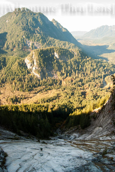 Looking down from the top of pitch 6 with the entry slab pitches below.<br>
<br>
http://facebook.com/adventurethrulens<br>
http://patrickbetts.zenfolio.com