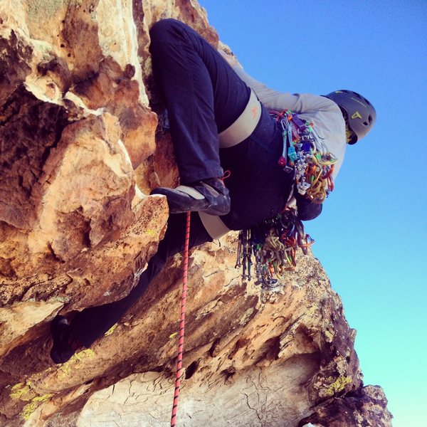 Pulling the roof at the start of Pitch 9. Super fun and exposed!
