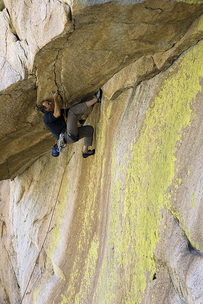 Scott Ayers at the roof. This photo, by James Q Martin, originally appeared in Climbing Magazine.<br>
<br>
http://www.climbing.com/route/cochise-whispers/