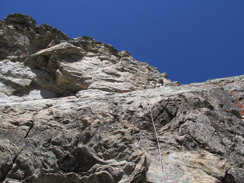 Ram follows the rope, but the headwall is deceptively more steep than it appears here.